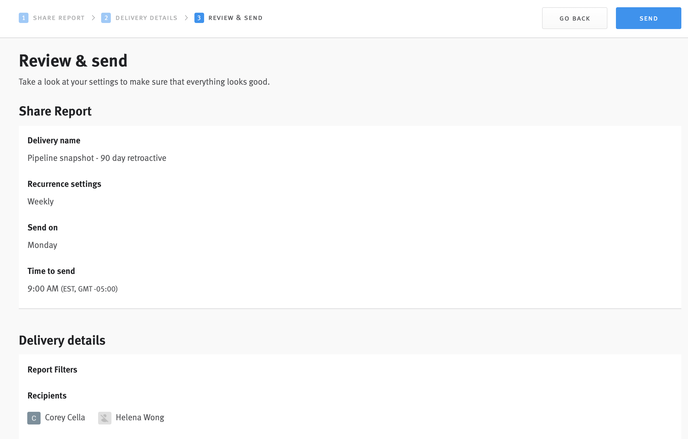 Delivery details for shared daashboard in delivery editor.