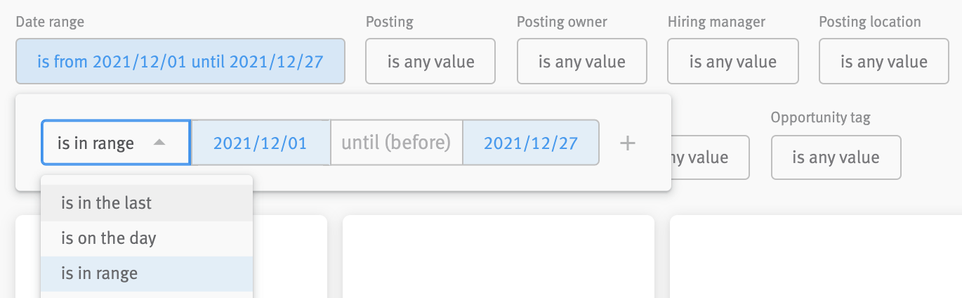 Close-up of data range filter with logical operator menu open.