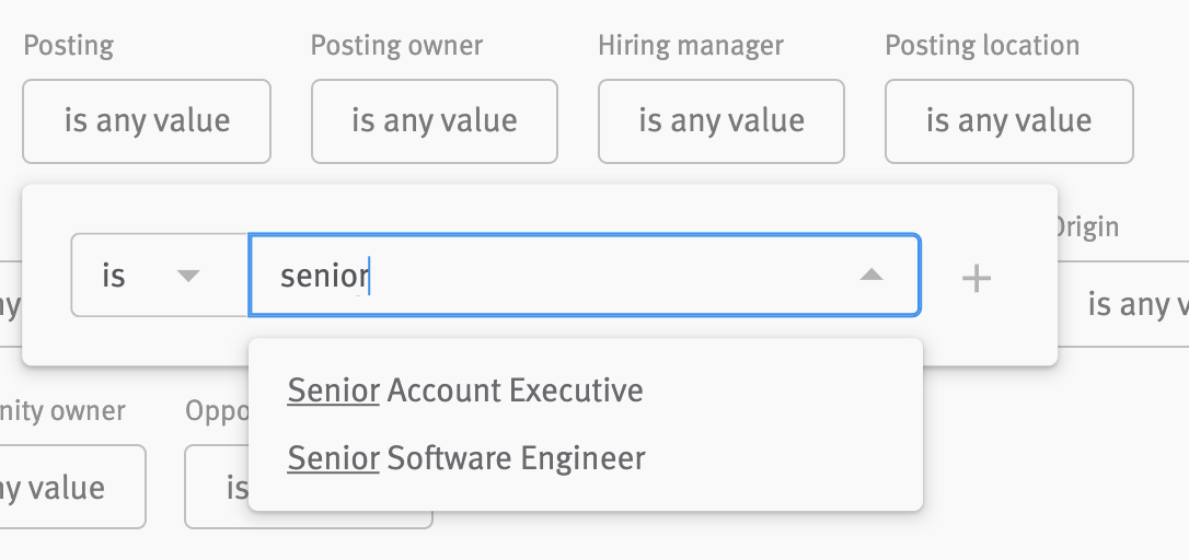 Close up of posting filter with the word senior typed in the attribute fields and attribute options loaded beneath.