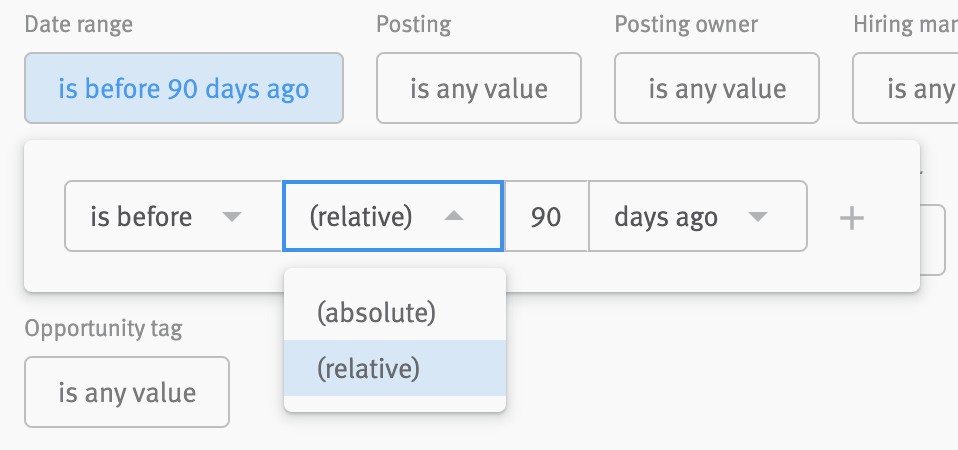 Close up date range filter with relative date range set to is before 90 days ago.