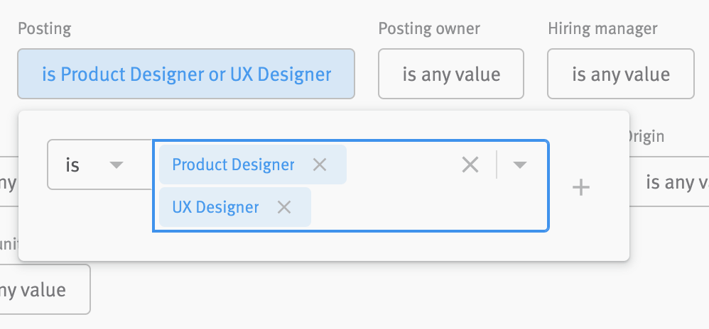 Close of up posting filter with multiple attributes in the attribute field.