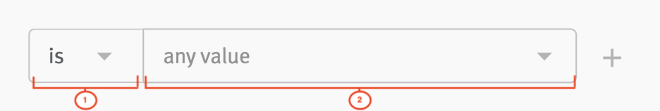 Close up of filter fields with oeprator and attribute fields labelled 1 and 2 respectively.