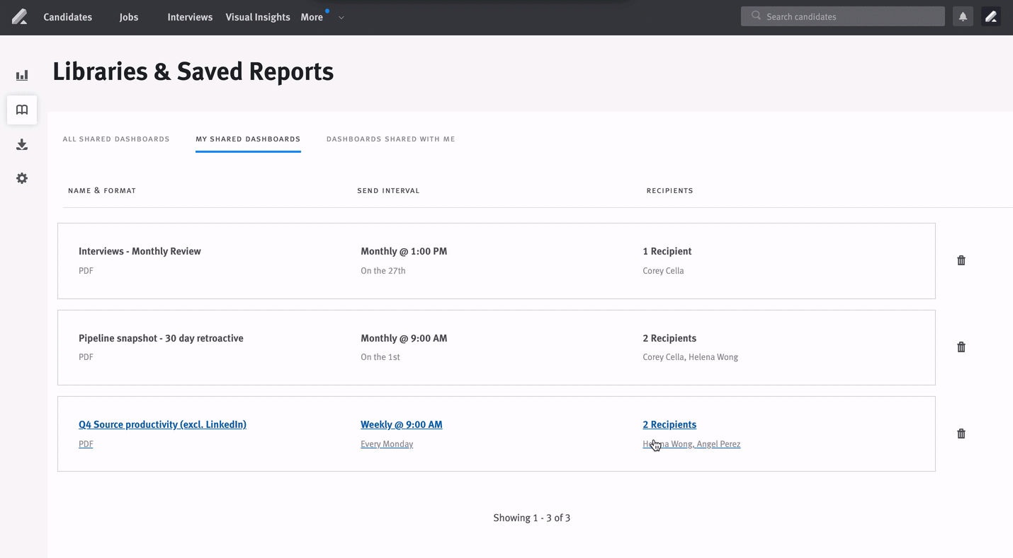 Live image of user clicking into a card in the My shared dashboards library and changing the delivery time from 9 AM to 10 AM.