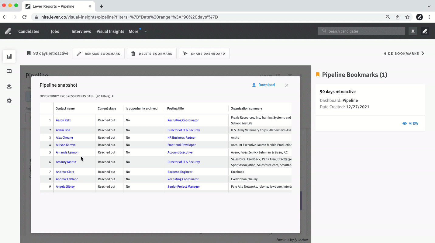 Live image of a user clicking a candidate's name in a drill down table and the candidate's profile opening in a new browser tab.
