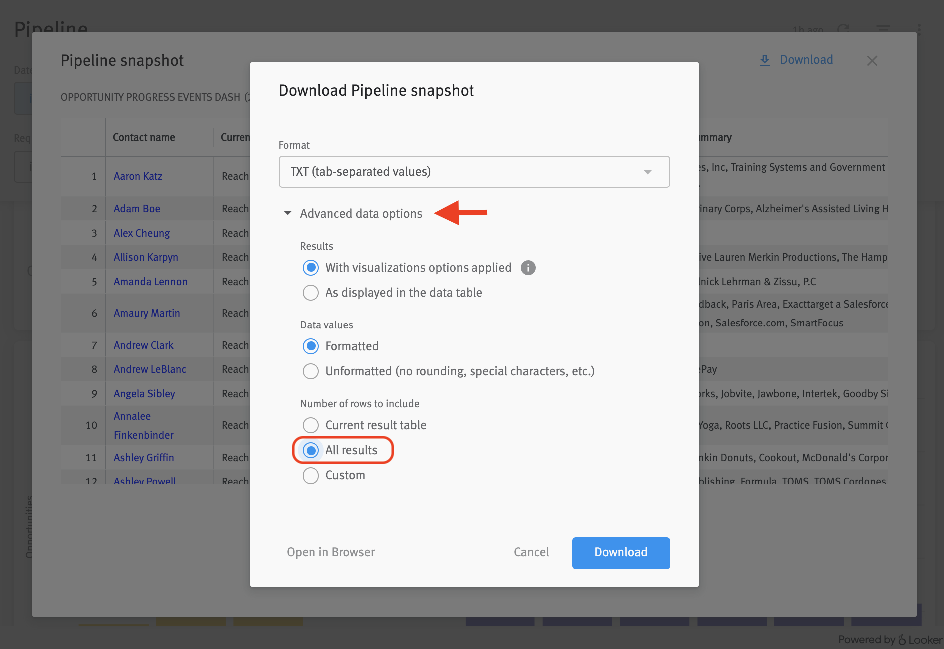 Download modal above drill down table with arrow pointing to advanced options menu and radio button next to all results selected.
