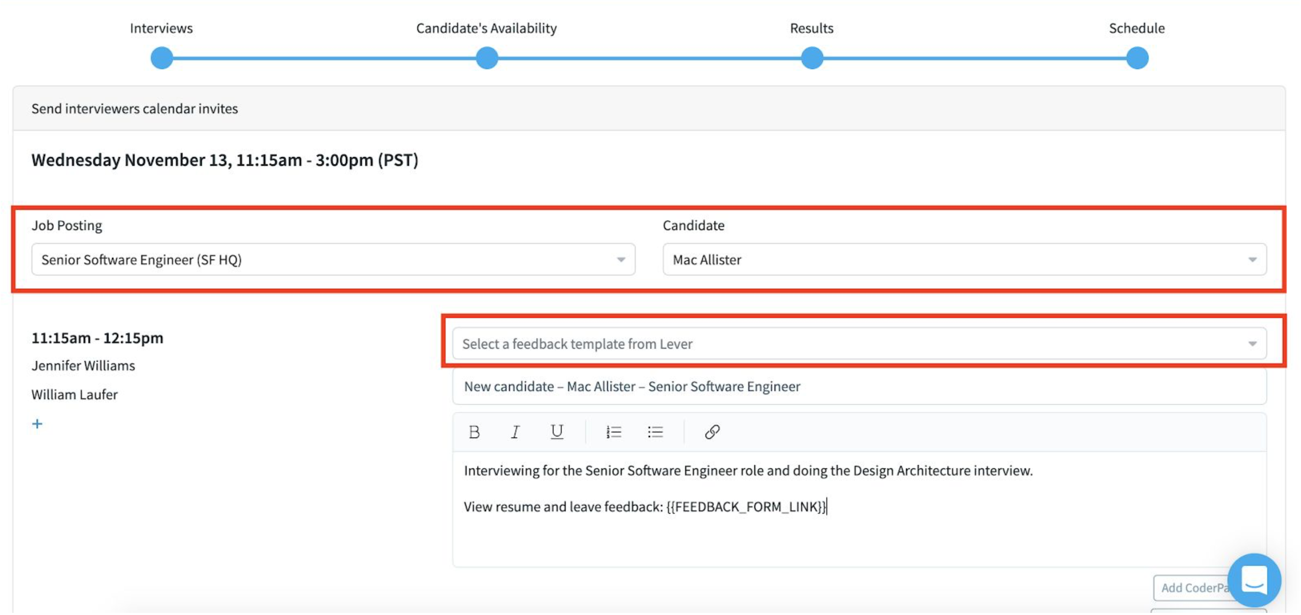 Interview scheduling editor in Prelude with job posting, candidate, and feedback template fields ciricled.