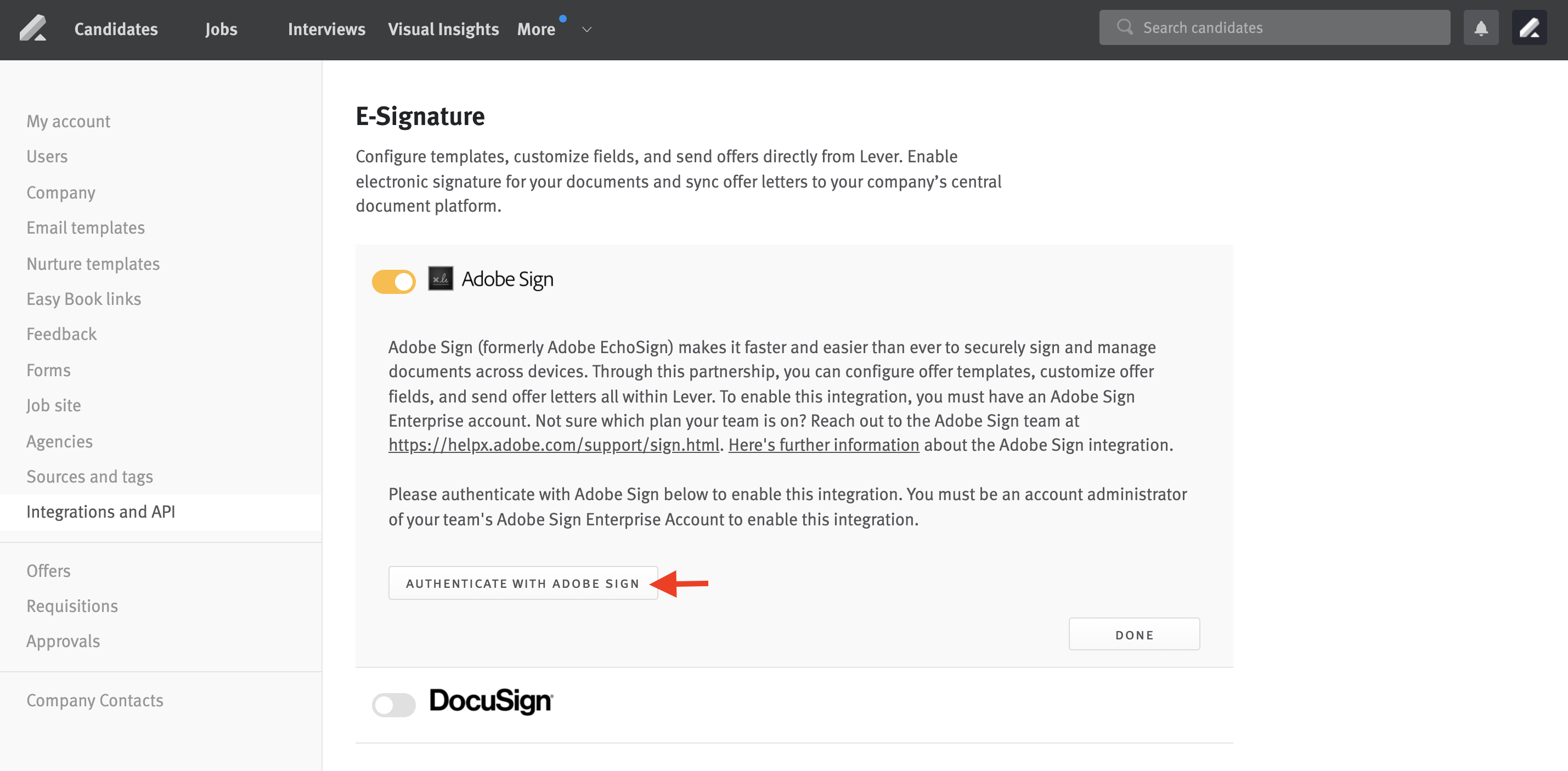 Arrow pointing to Authenticate with Adobe Sign button on Adobe Sign integration tile in Lever Settings.