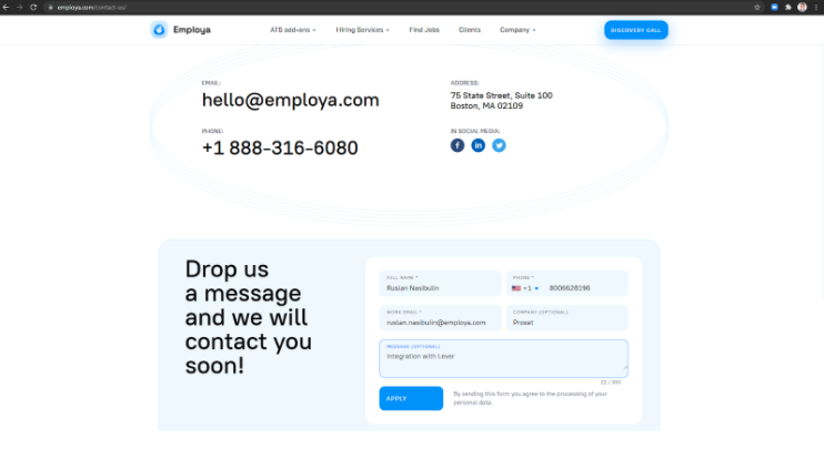 Employa website contact us page