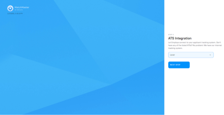 Employa account set up page showing lever selected from drop down menu and next step button