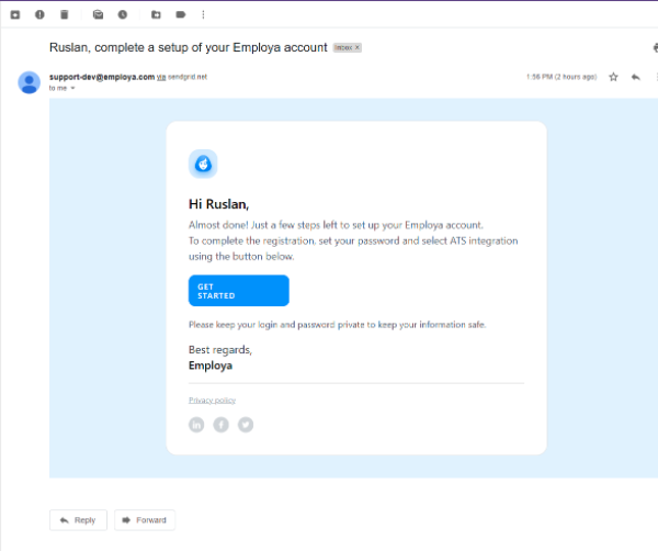 Email showing next steps to set up Employa acccount