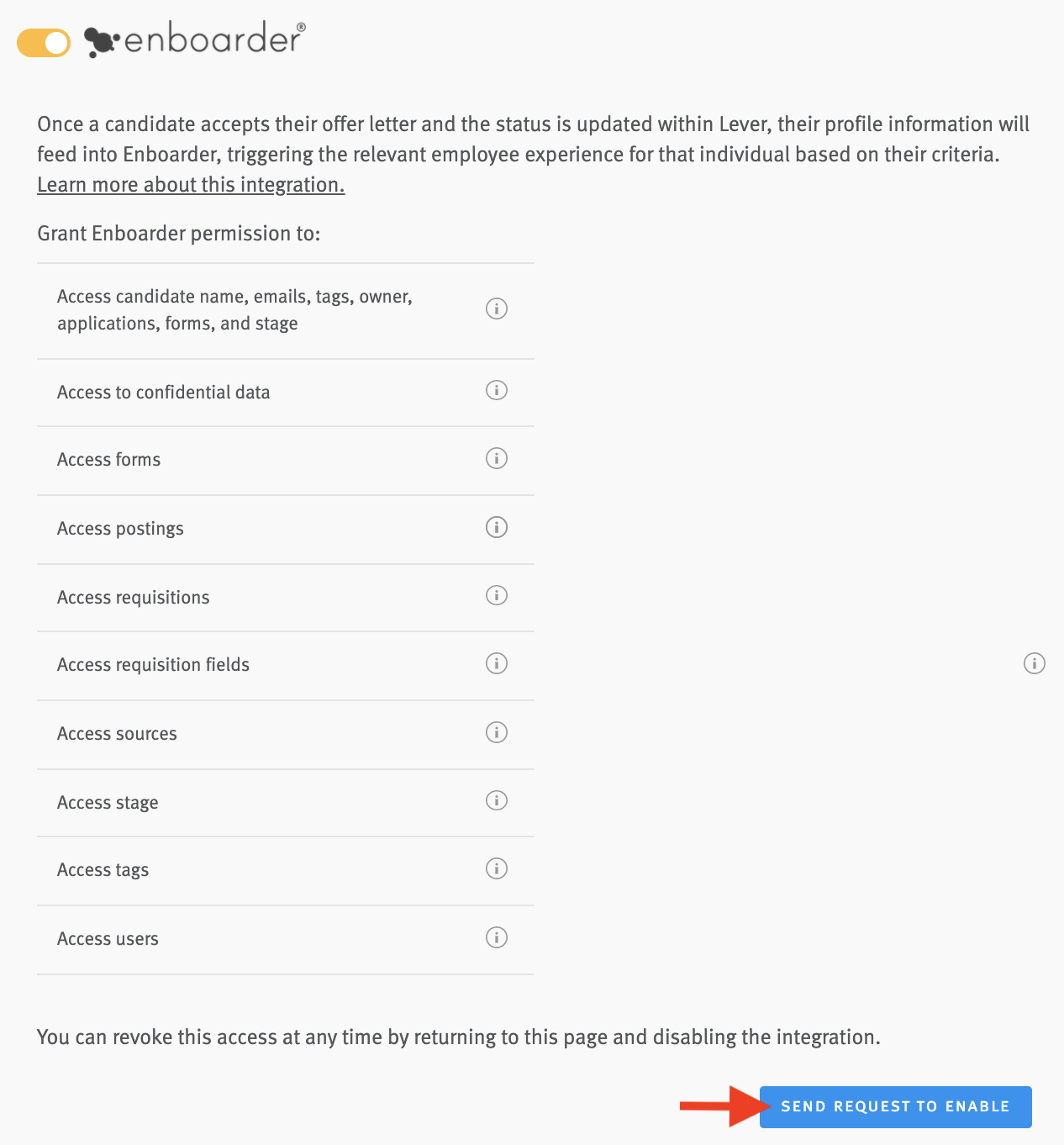 Enboarder toggle in Lever Settings with arrow pointing to Request to Enable button.