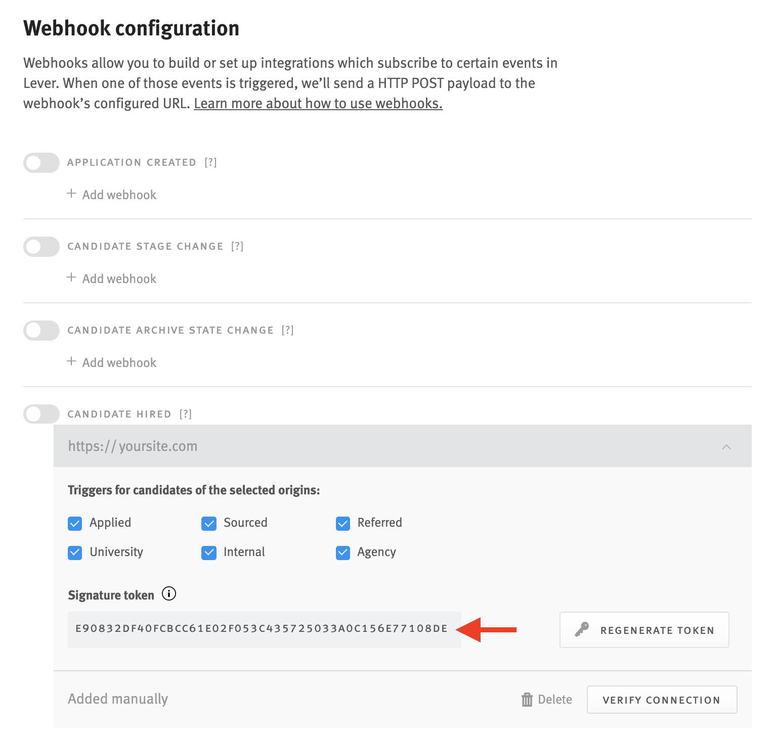 Candidate stage change webhook tile with arrow pointing signature token.