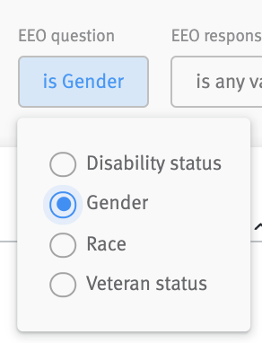 Close up of EEO question single value filter on the EEO dashboard with drop-downm menu expanded.