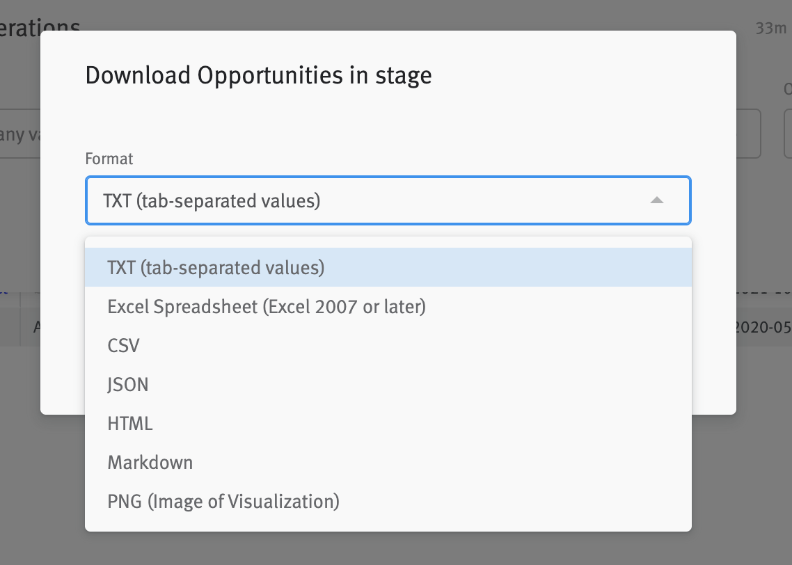 Download modal with file format menu expanded.