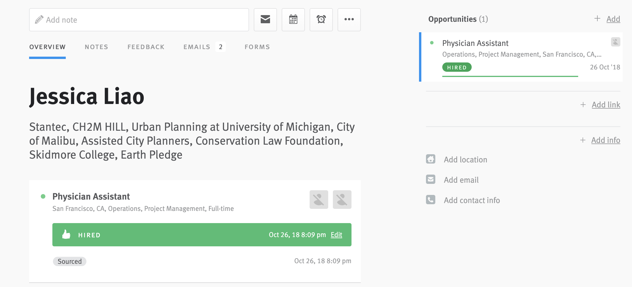 Opportunity profile for an opportunity archived as 'Hired' in Lever.