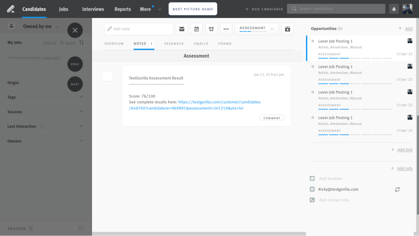 Lever candidate profile with TestGorilla assessment result in notes tab.