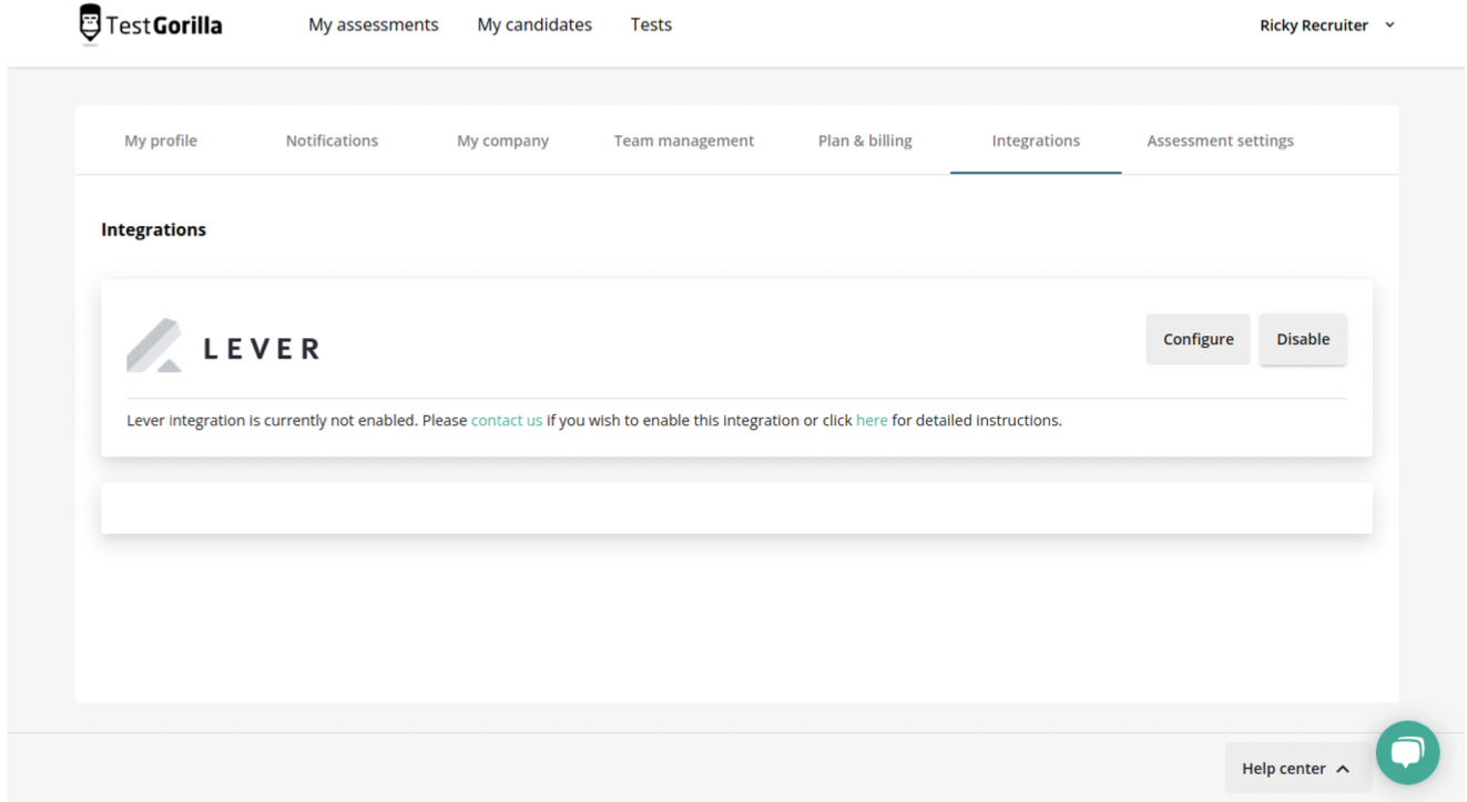 TestGorilla platform with lever card with configure and disable buttons.