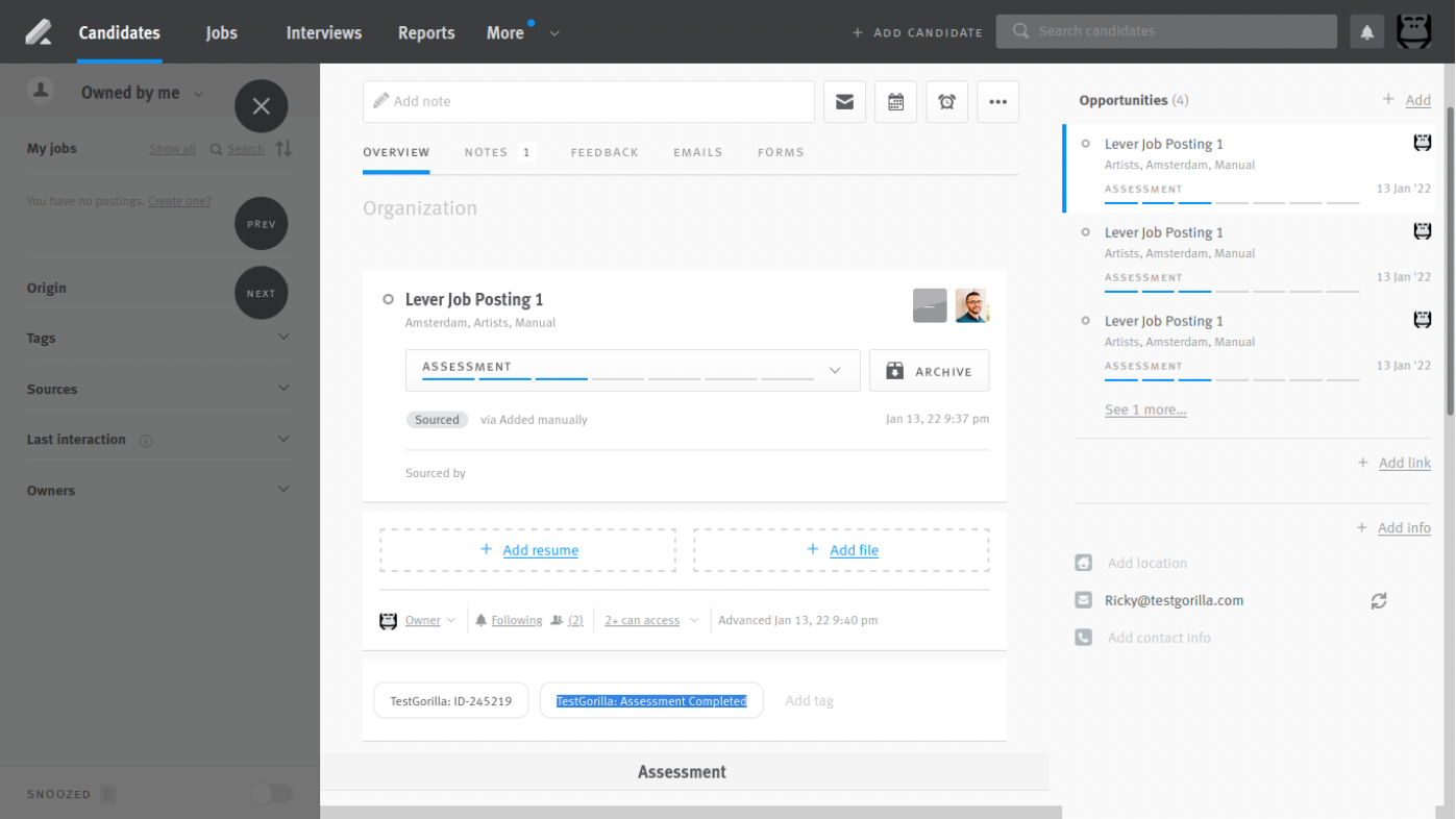 Lever candidate profile with TestGorilla tag highlighted.