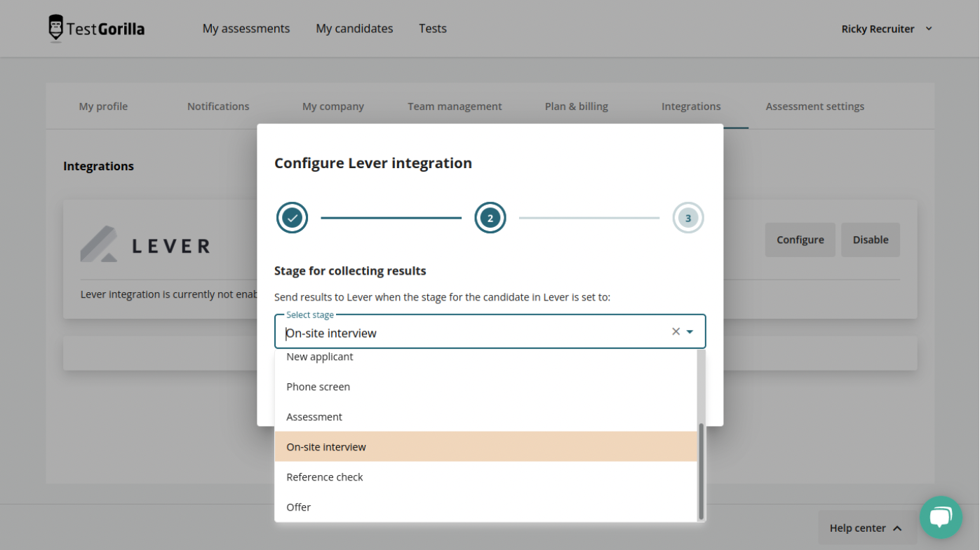 TestGorilla platform integrations page with configure Lever integration modal with stage dropdown menu.