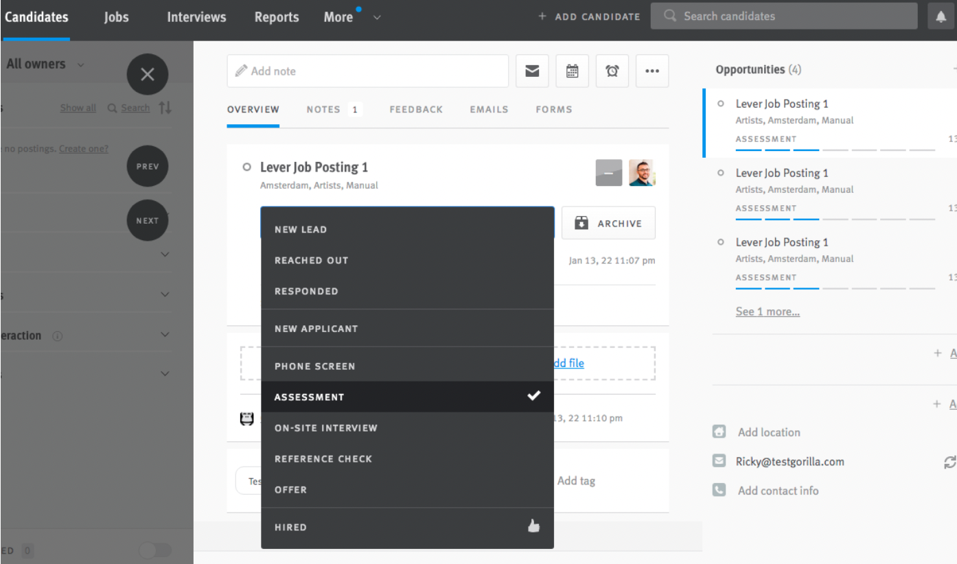 Lever candidate profile with stage change dropdown menu.