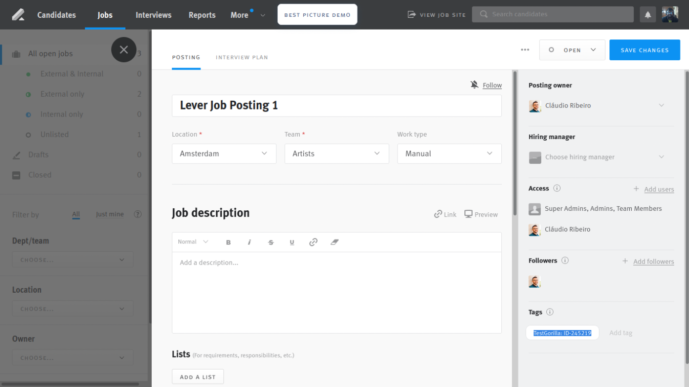 Lever job posting with TestGorilla tag highlighted.