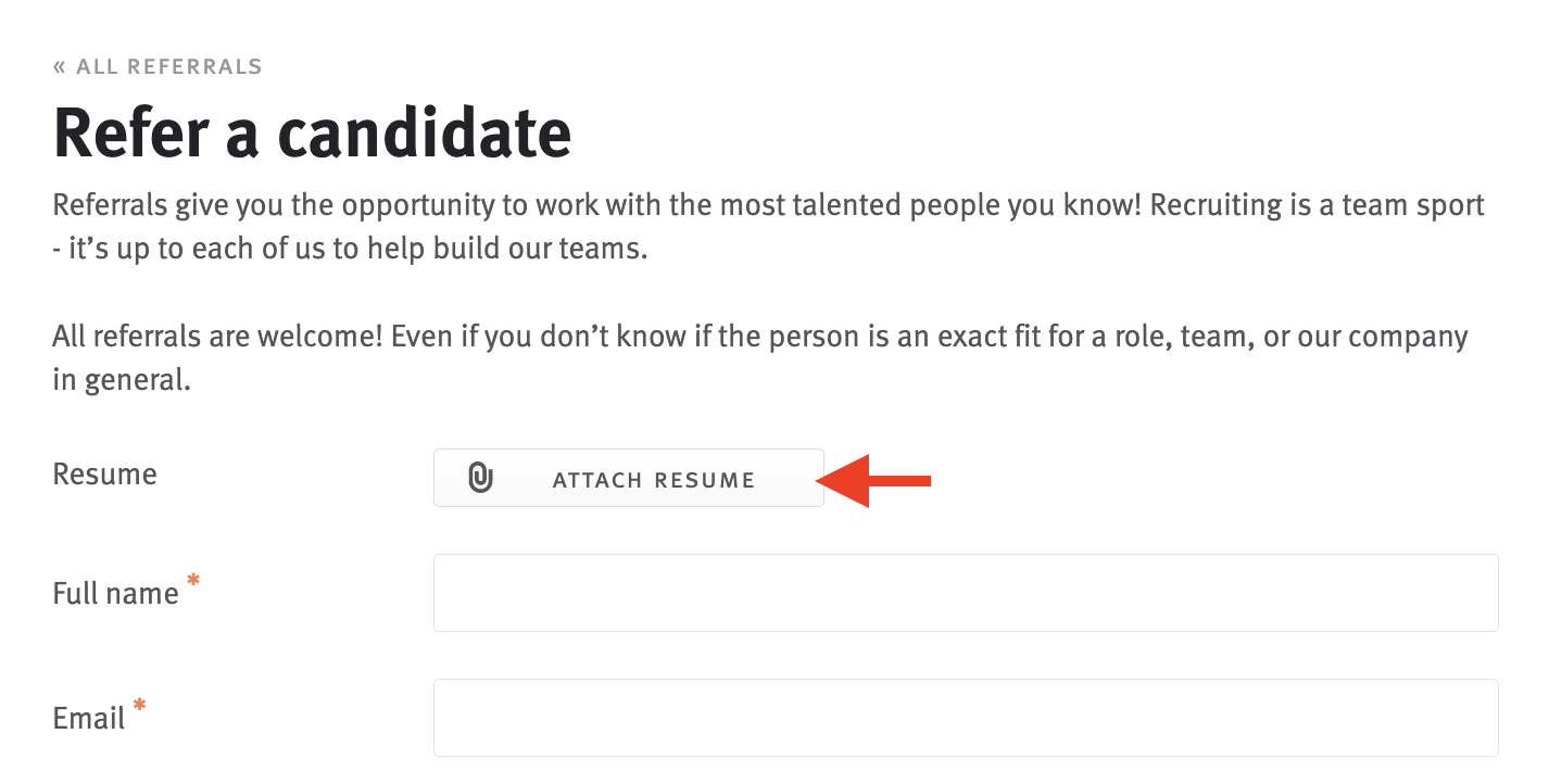 Close-up of referral form with arrow pointing to Attach Resume button.