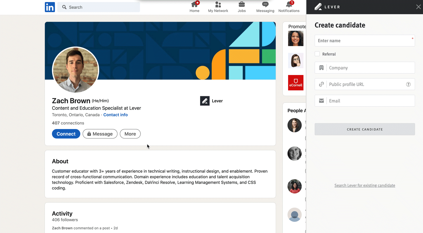 Live image of a LinkedIn profile with the Lever Chrome extension expanded to the right. The profile is exported and then dragged into the Chrome extension where the candidate's information populates automatically.