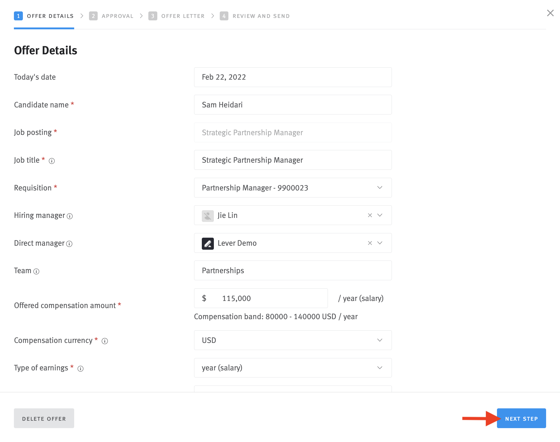 Offer generation modal with completed details fields and arrow pointing to Next Step button.