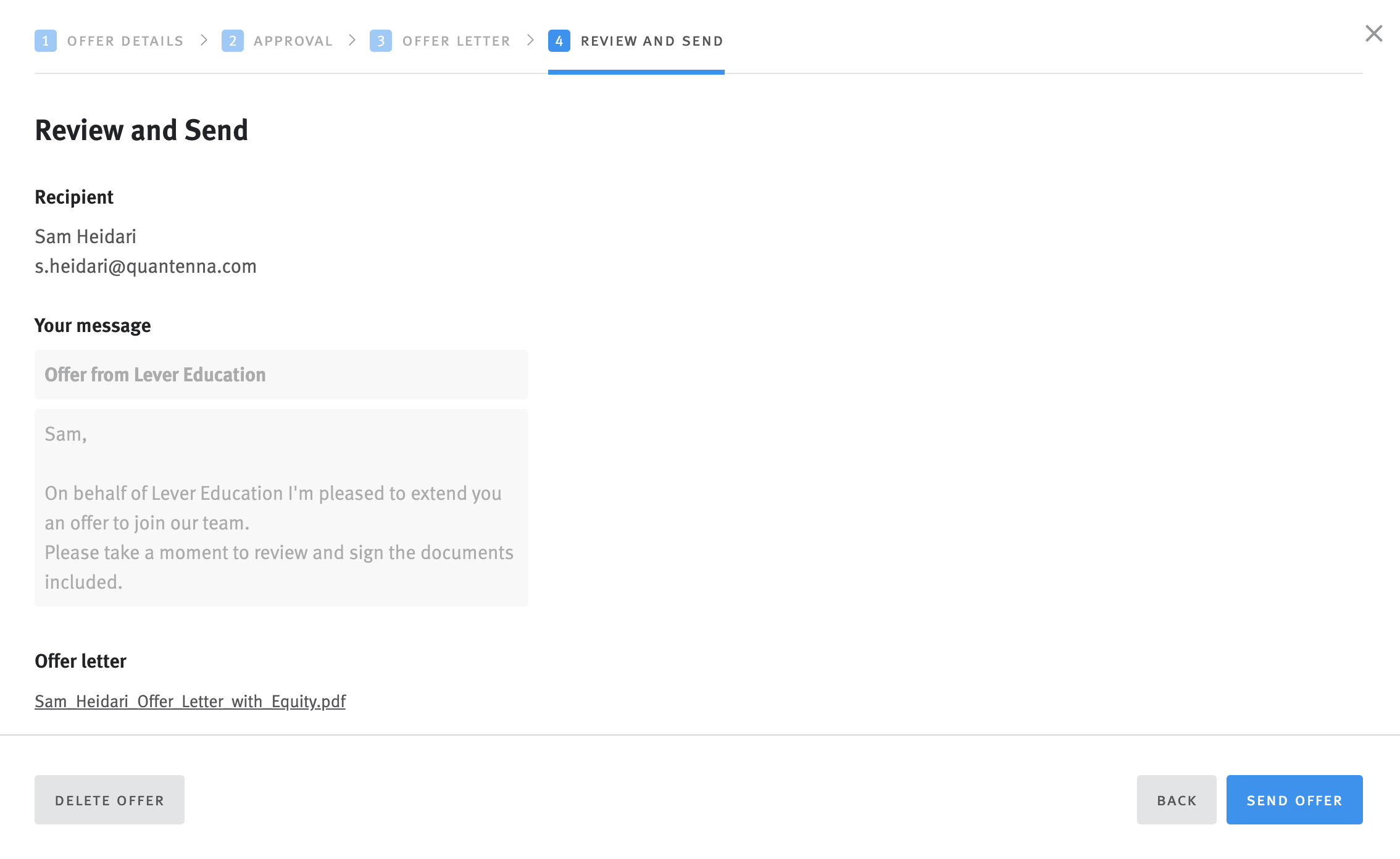 Review and Send section of the Offer Generaltion modal with recipient, message, and offer letter shown.