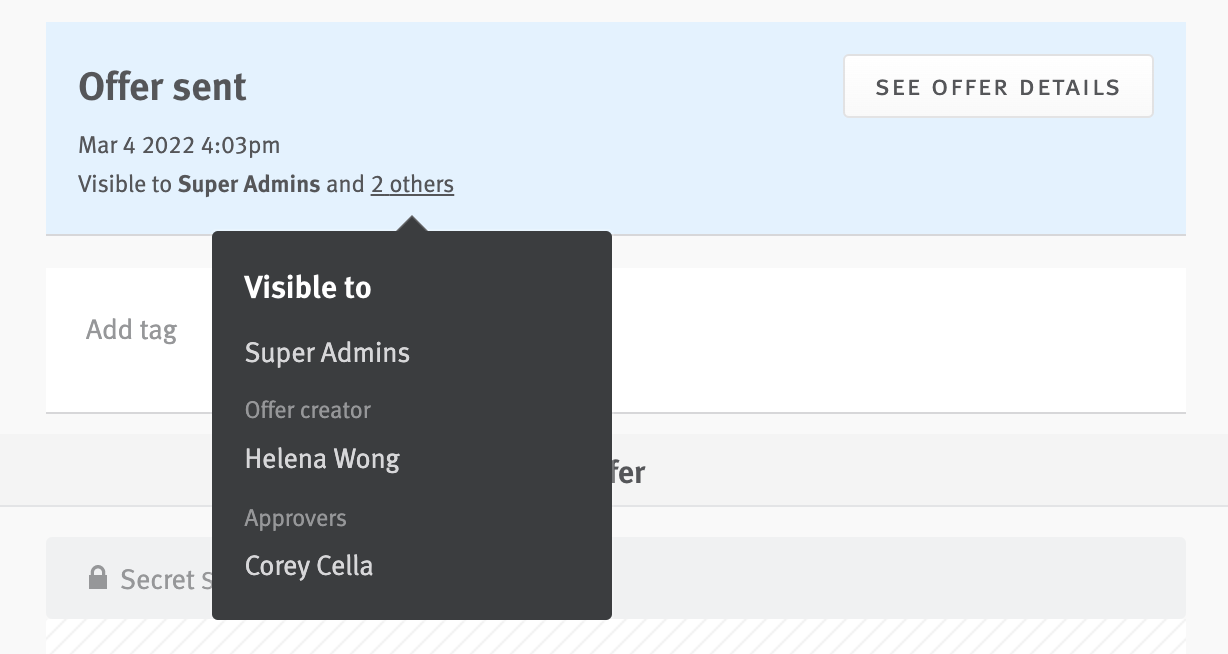 Pop-over extending from Offer block in opportunity profile listing users that can view offer details.