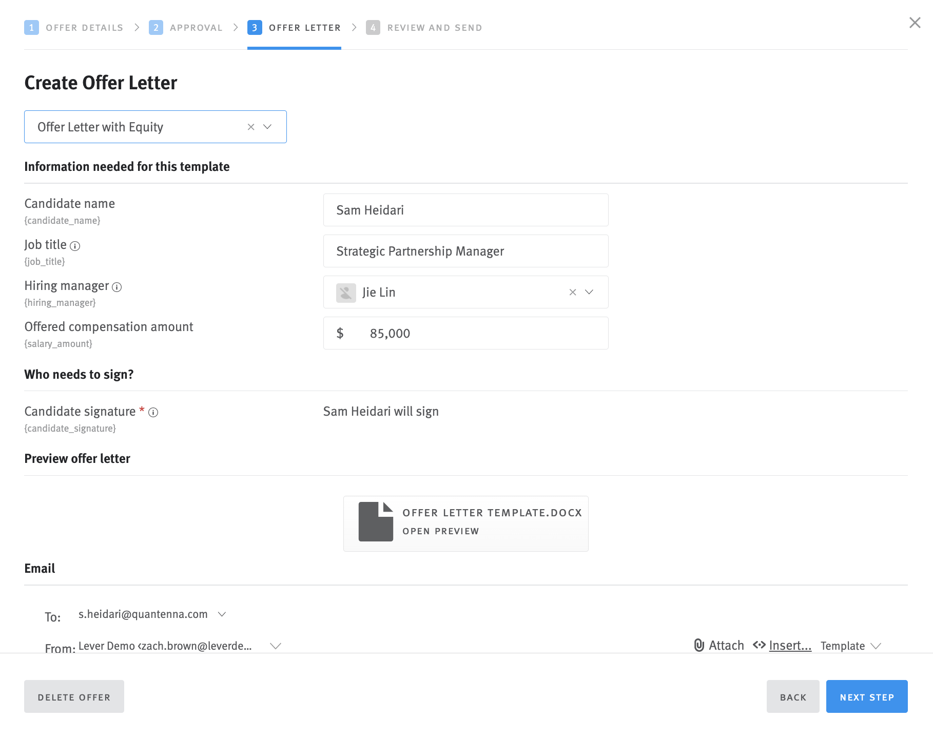 Create Offer Letter section of the offer gneration modal with information corresponding to placeholders in the letter template listed.