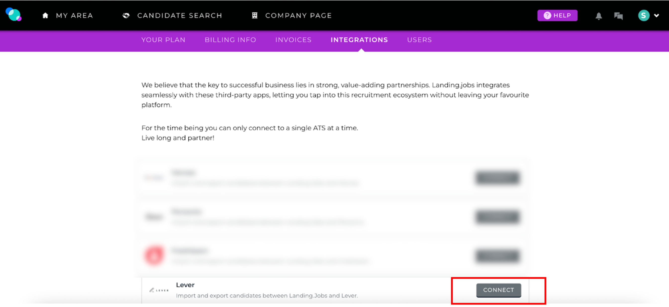 Landing.jobs platform with lever listed with connect button outlined.