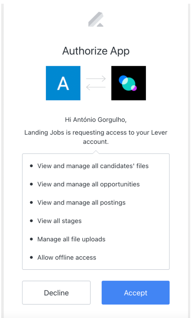 Lever authorize app modal with list of permissions