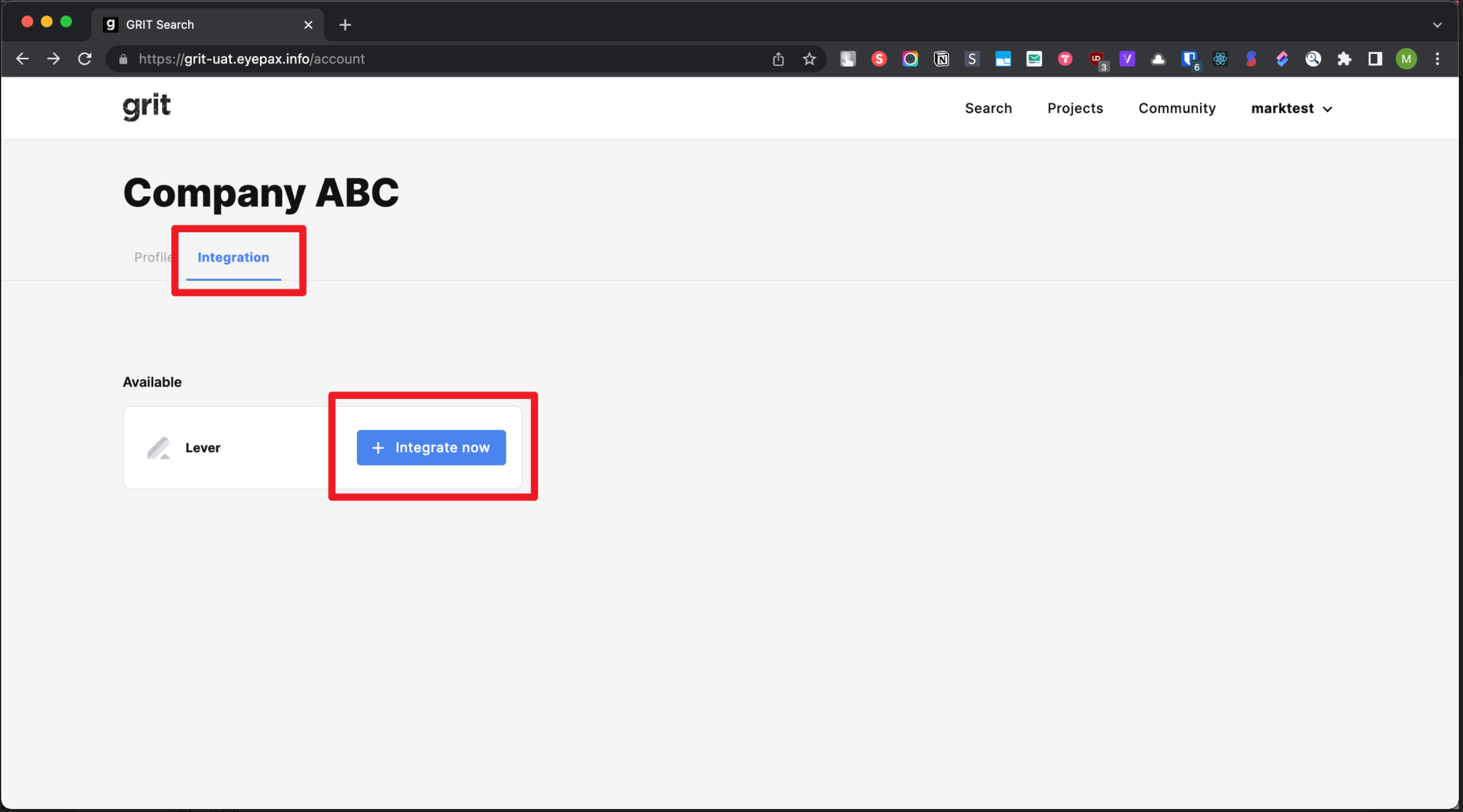 GRIT platform with integrations tab and integrate now button outlined