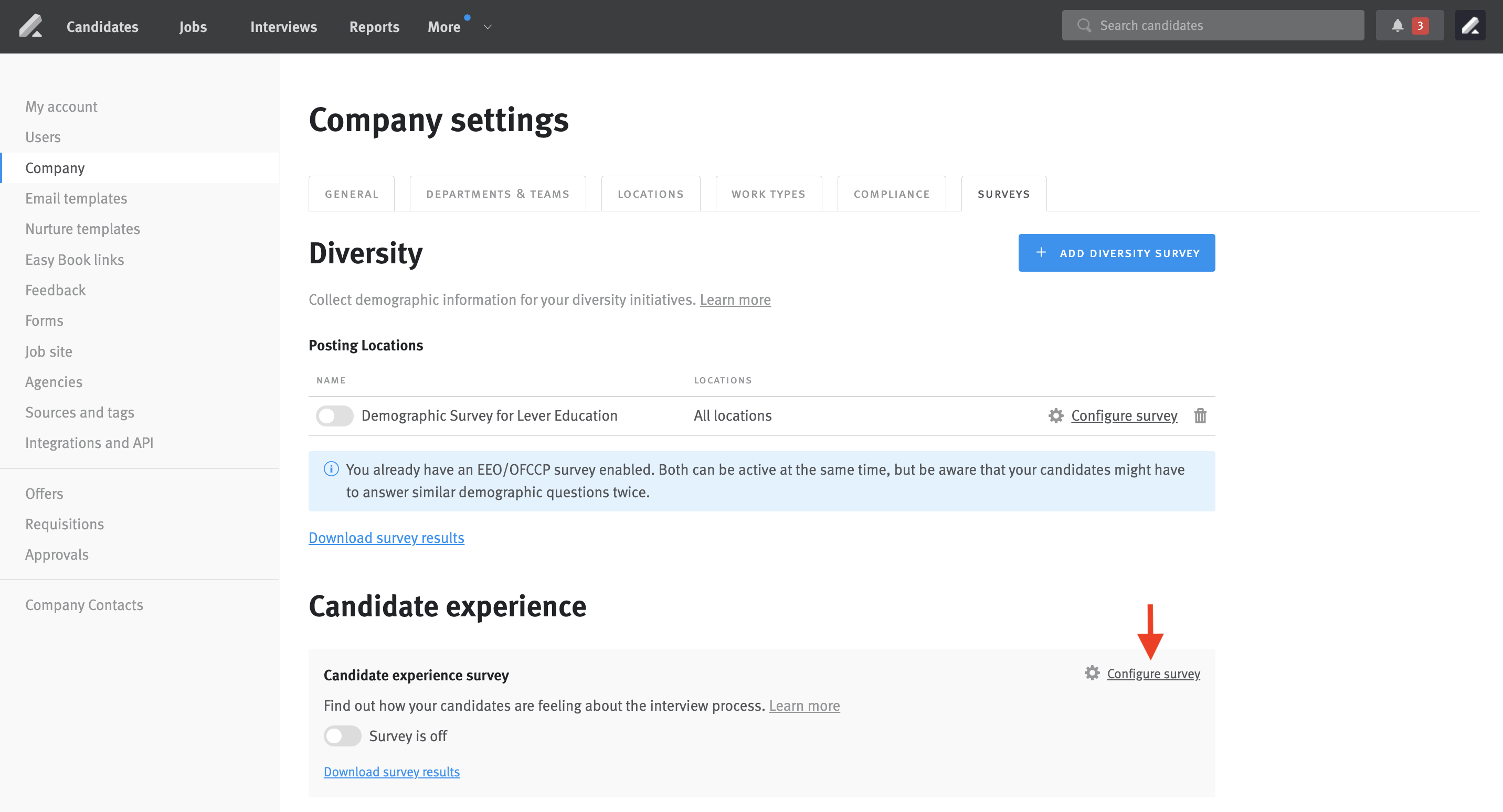 Surveys pages in Company Settings; arrow pointing to Configure survey link on Candidate Experience Survey block.