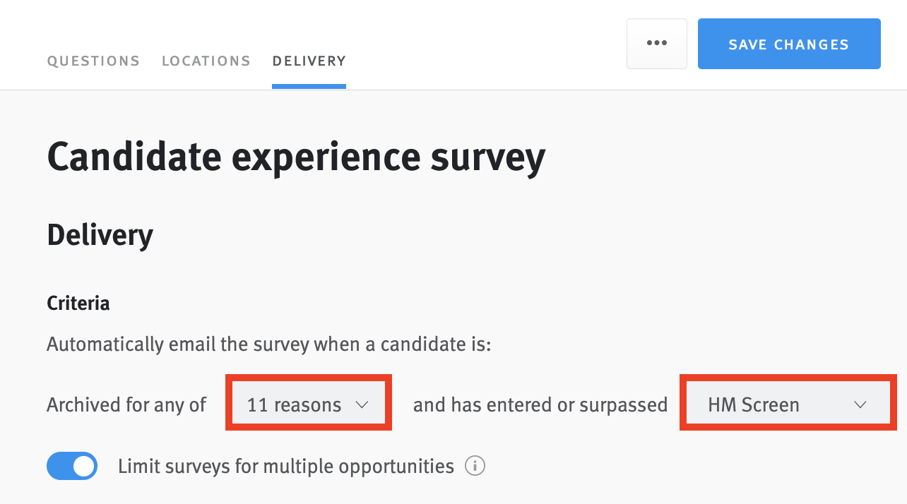 Survey editor delivery section with fields for delivery criteria variables circled.