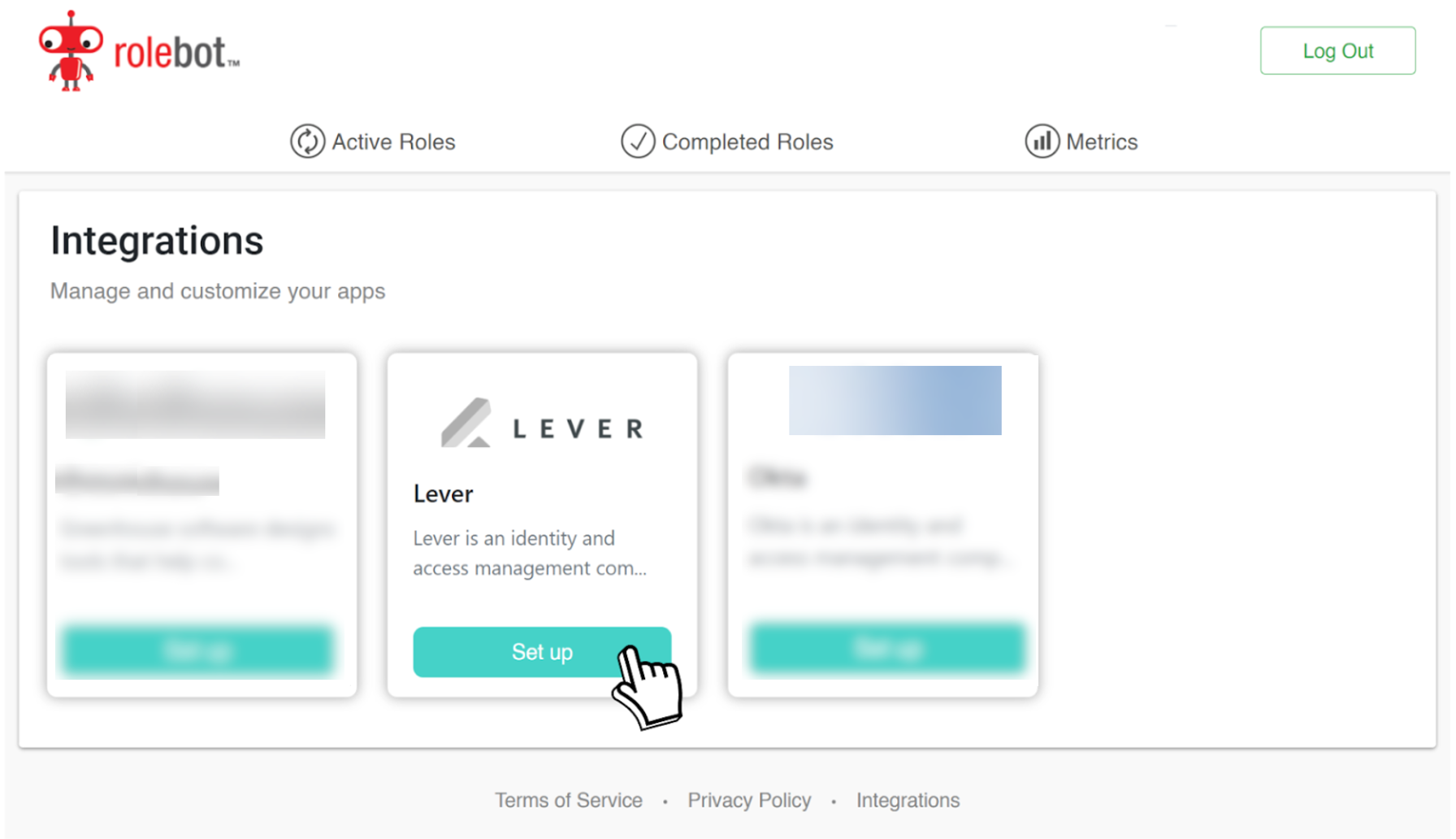 Rolebot platform showing integrations panel with mouse clicking the Lever set up button.