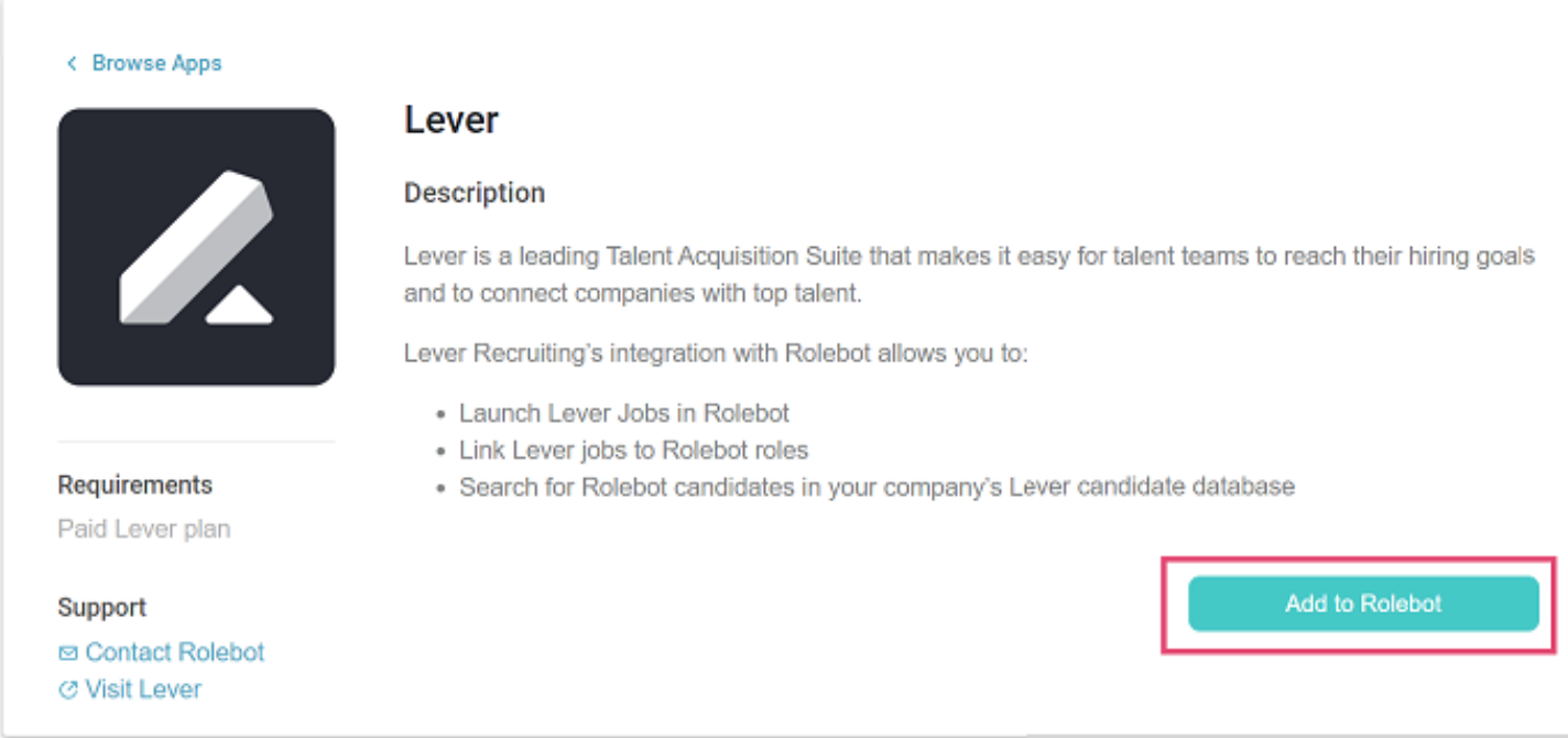 Rolebot platform showing Lever page with add to rolebot button outlined.
