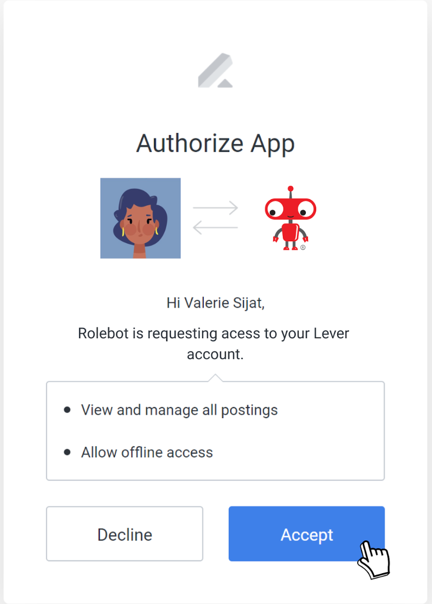 Lever authorize app modal with list of permissions and blue accept button.
