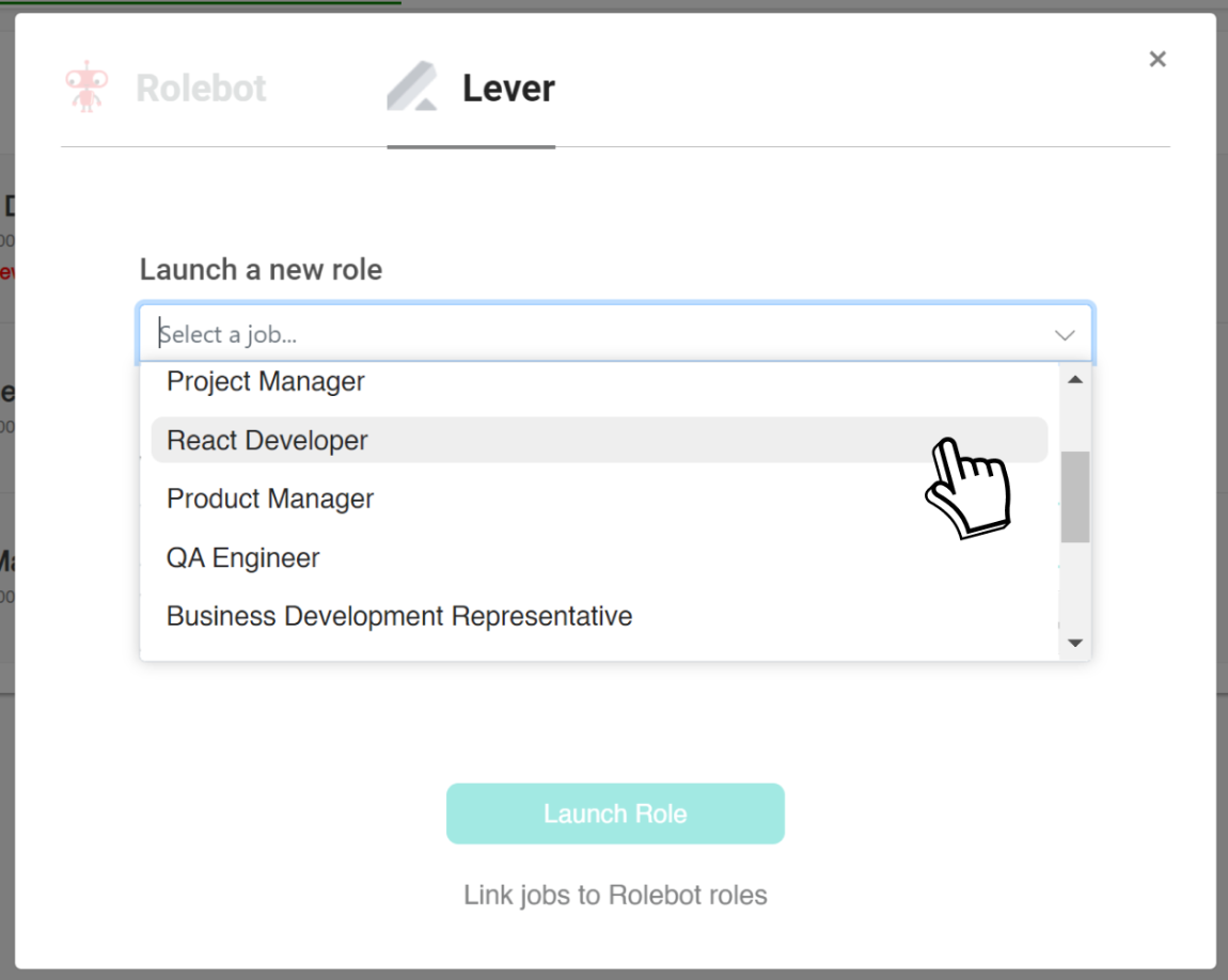 Rolebot platform Lever set up page showing launch new role dropdown job selector menu.