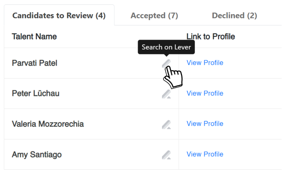 Rolebot list of candidates to review with lever logo and search on Lever button.