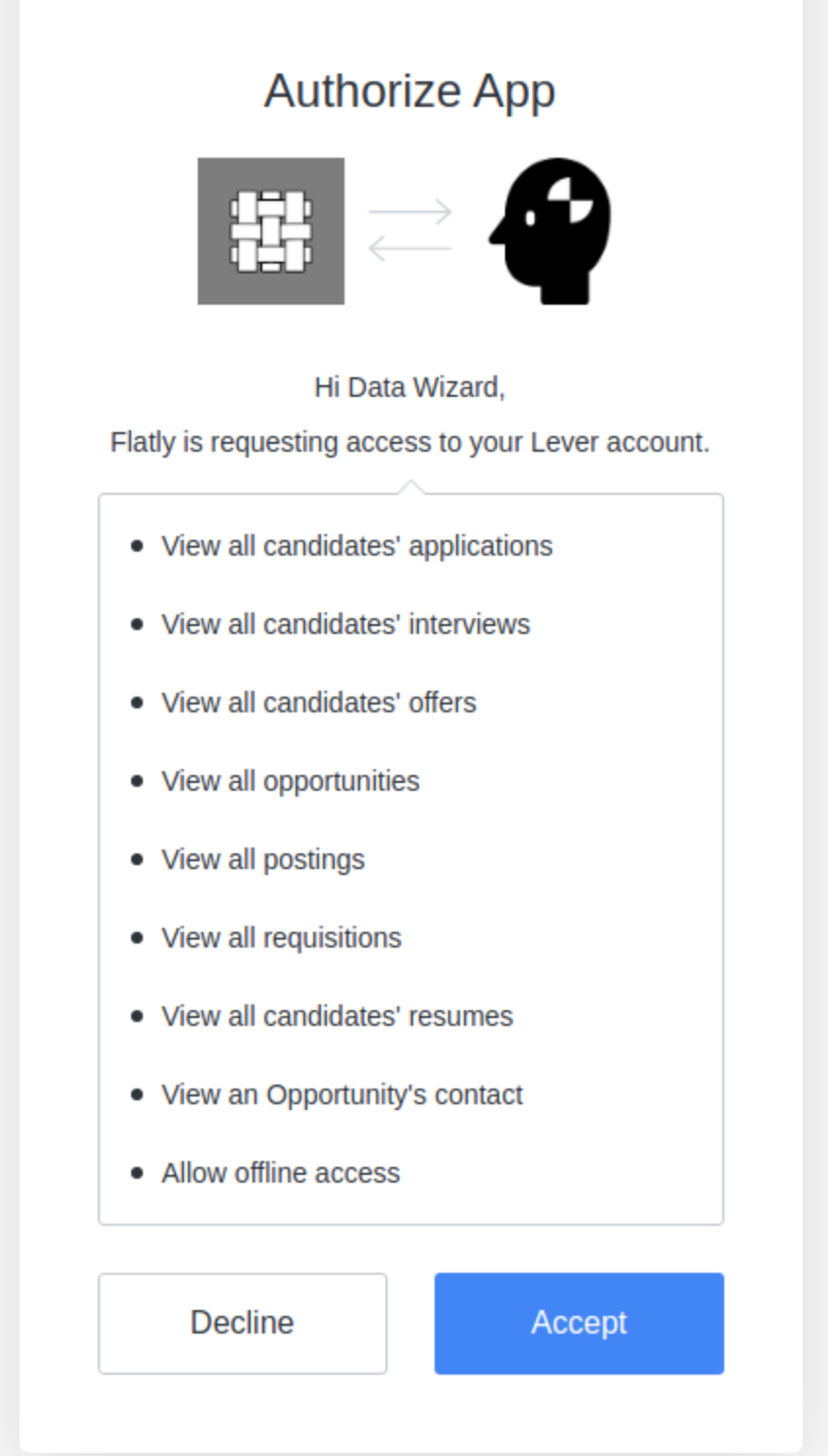 Lever authorize app modal with list of permissions