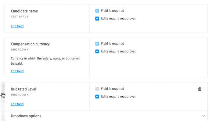 Live image of offer fields being reordered in offer form editor