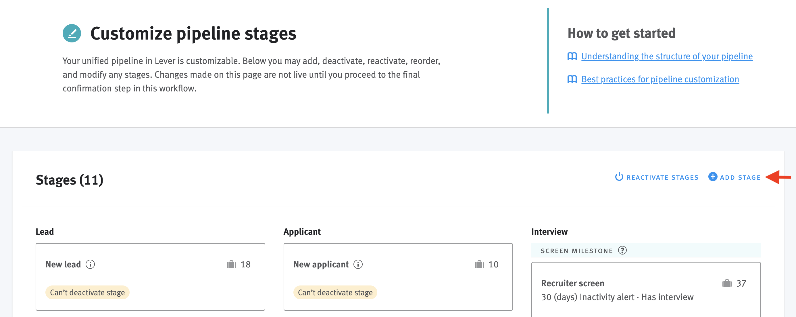 Arrow pointing to Add Stage button to the upper-right of the stage editor.