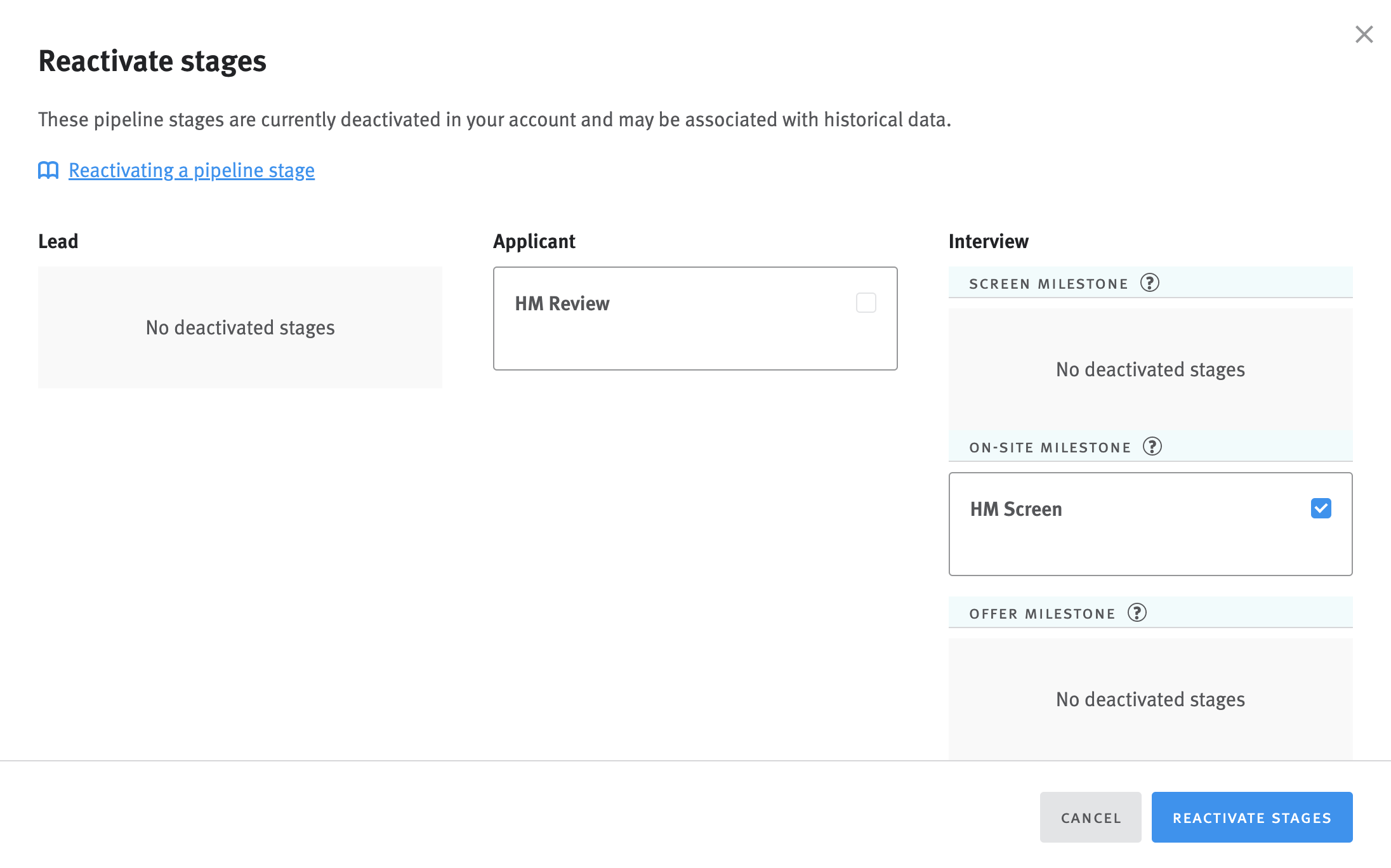 Stage reactivation modal with one deactivated stage selected.