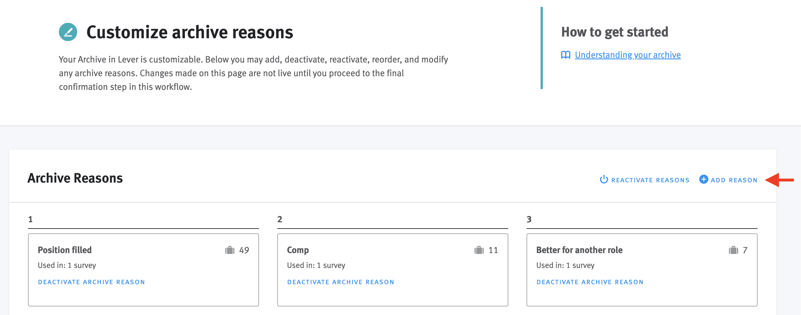Arrow pointing to Add Reason button to the upper-right of the archive reason editor.