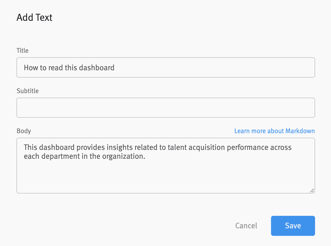 Add text modal with title and body text input.