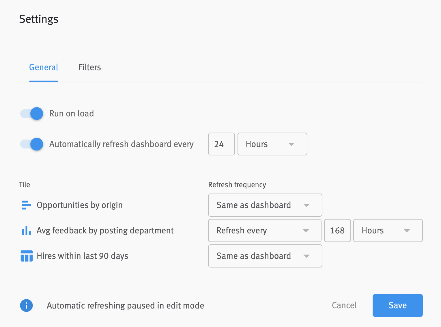 Dashboard settings modal
