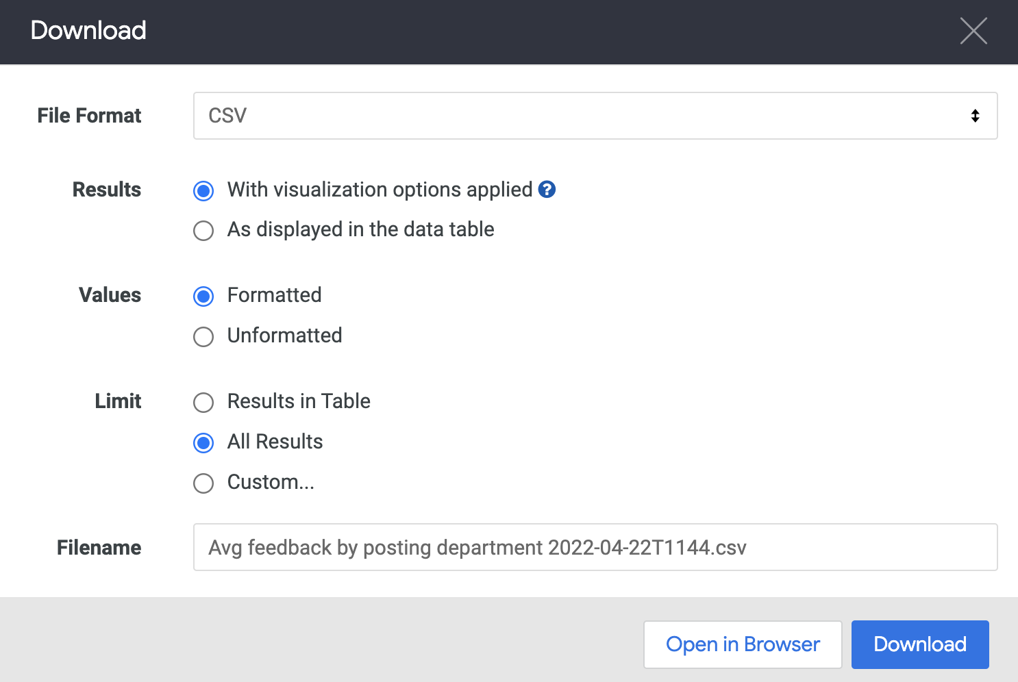 Download configuration modal