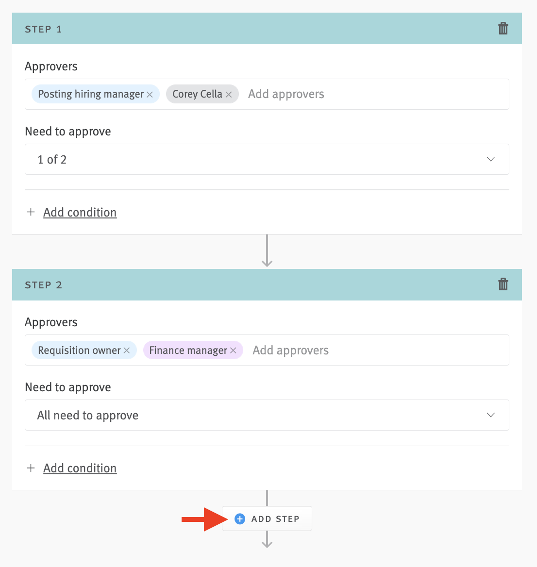 Approval editor with multiple approver steps and arrow pointing to Add Step button.